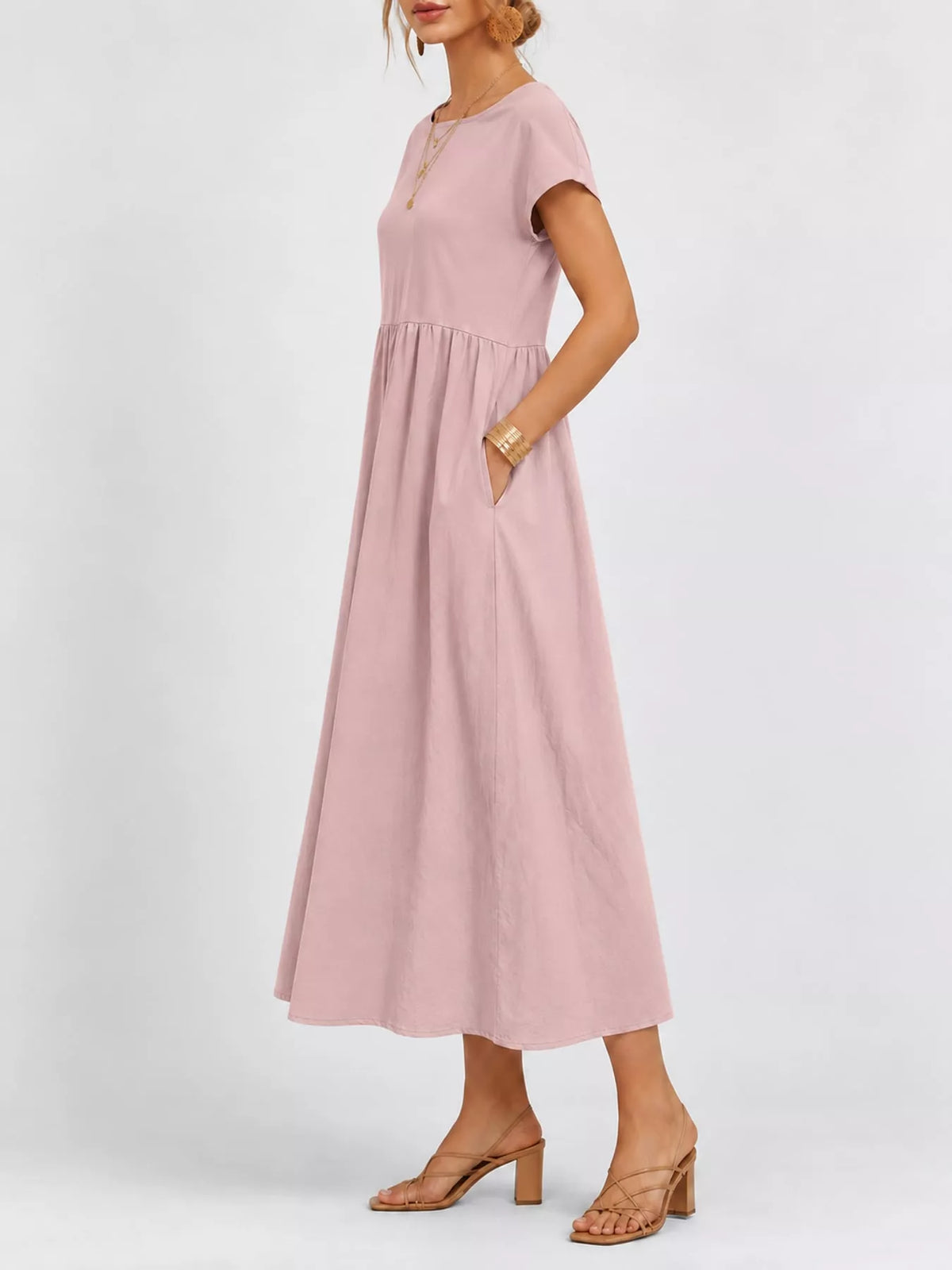 Round neck short sleeve midi dress, side view
