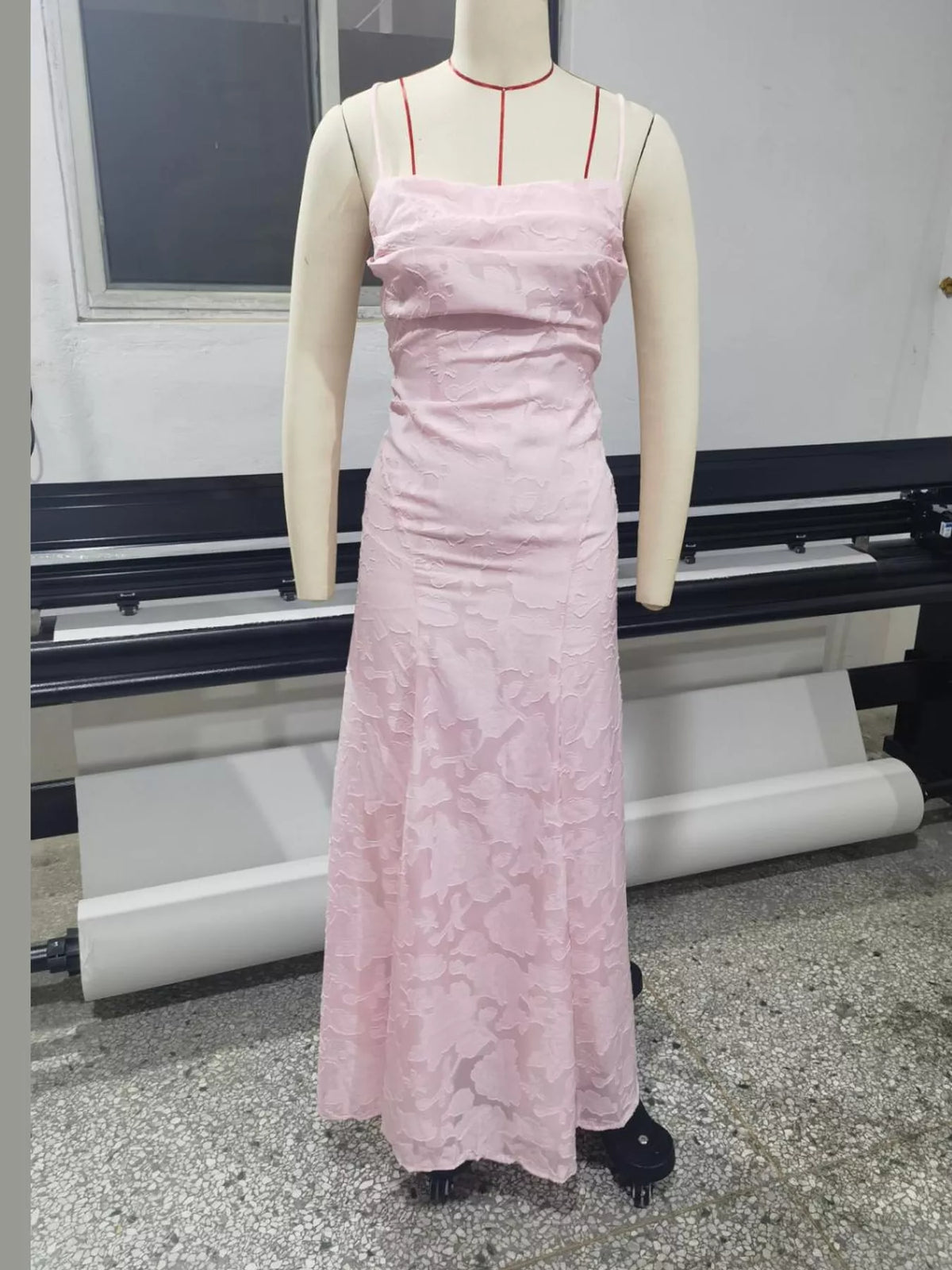 Pink backless lace maxi dress, front view
