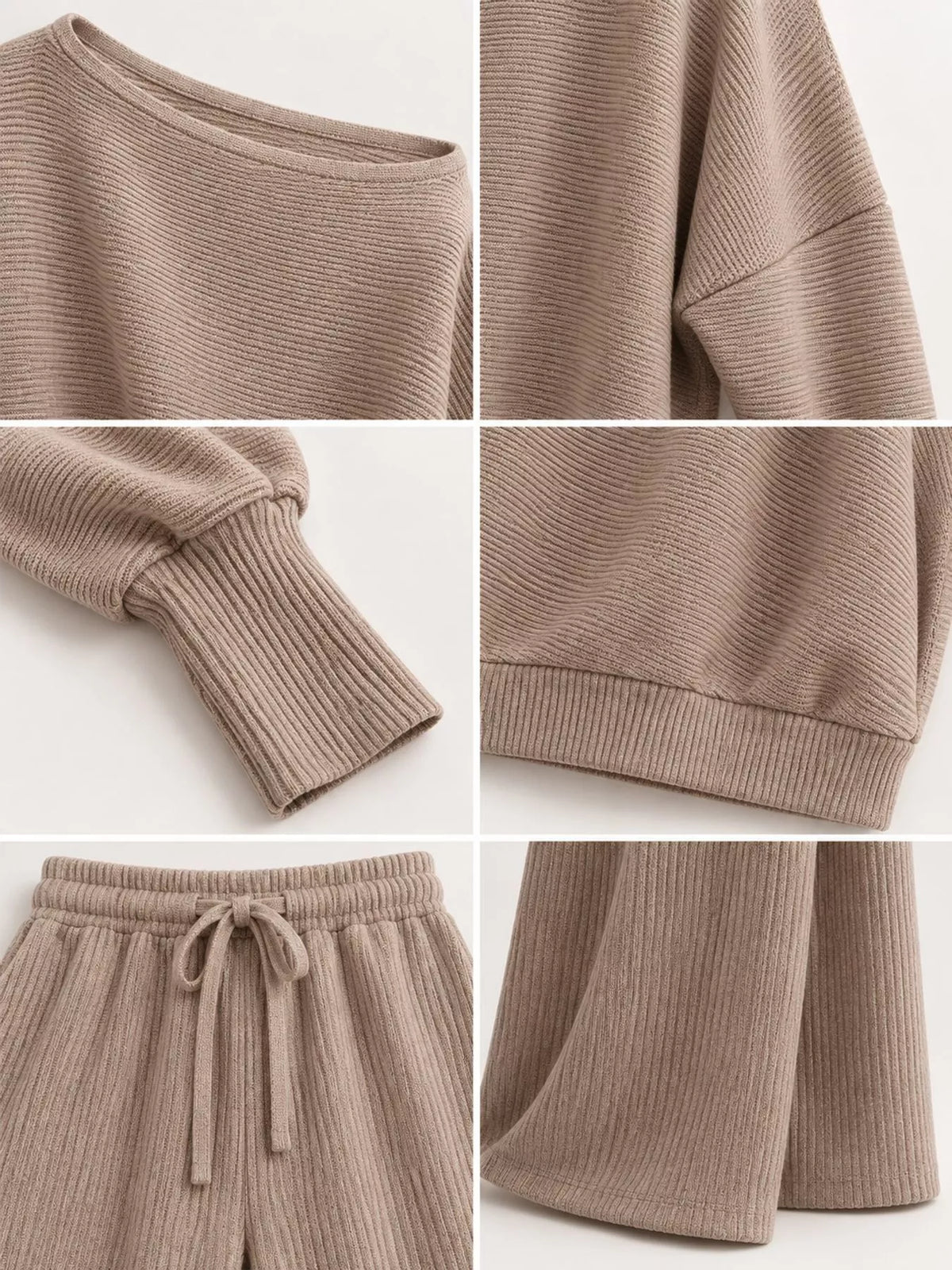 Asymmetric neck long sleeve outfit set, construction and design details
