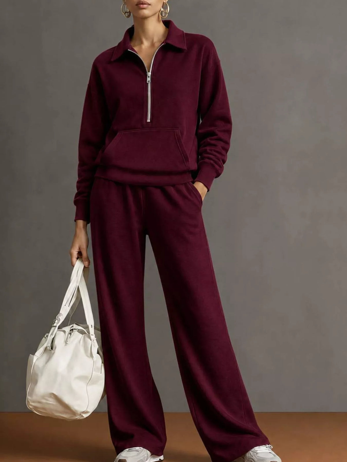 Half Zip Long Sleeve Top and Pants Set — front view