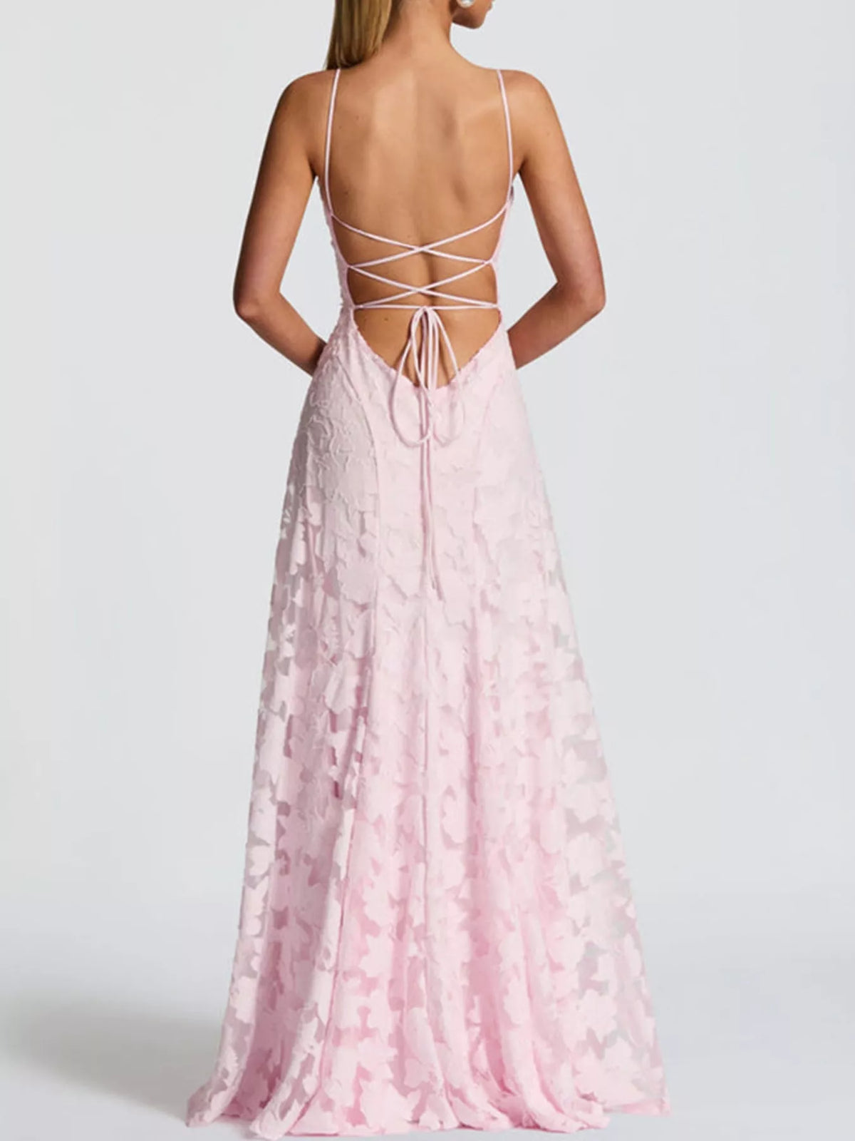 Pink backless lace maxi dress, back view