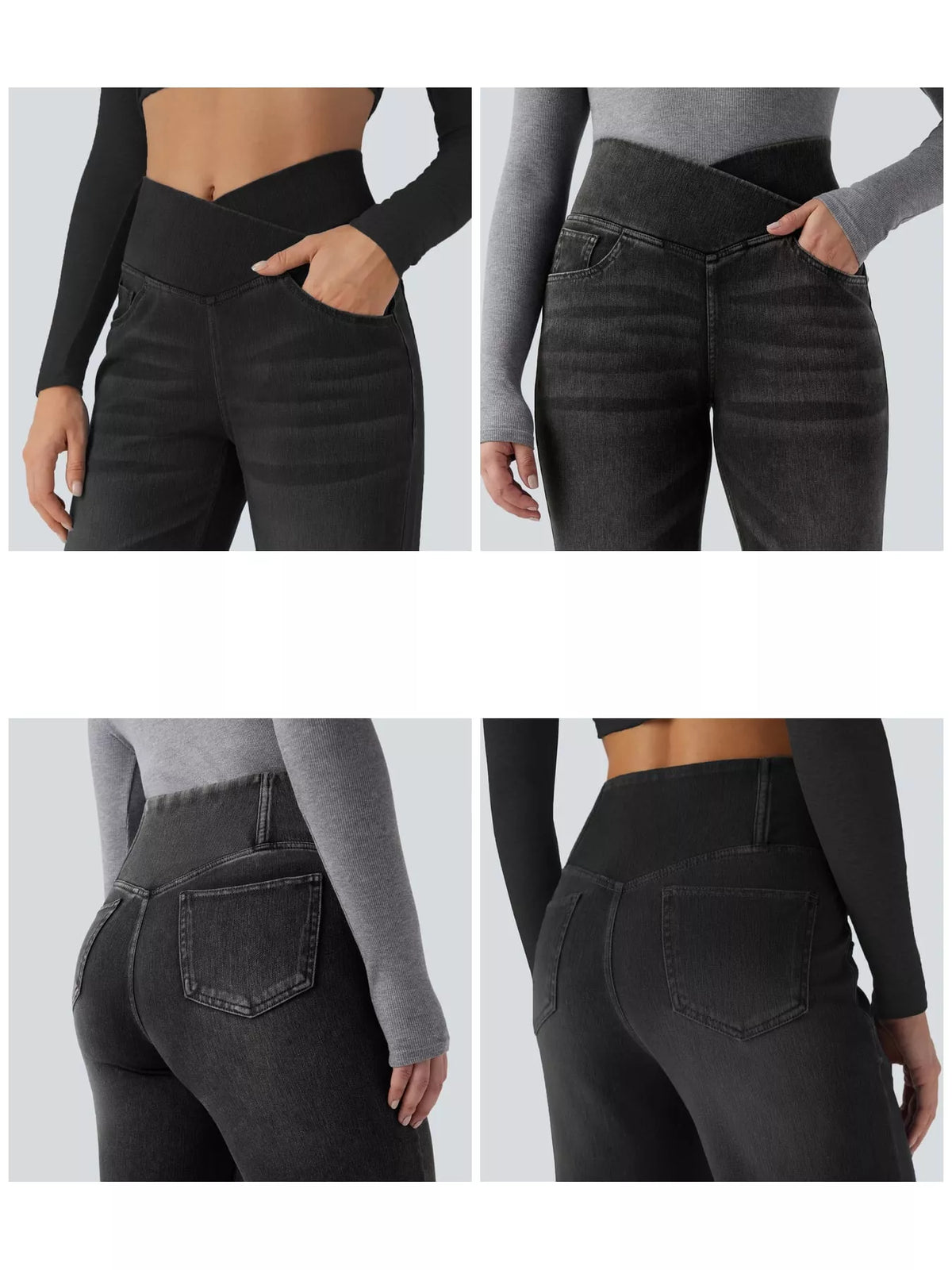 High-Waisted Crossover Straight-Leg Jeans, front and back details