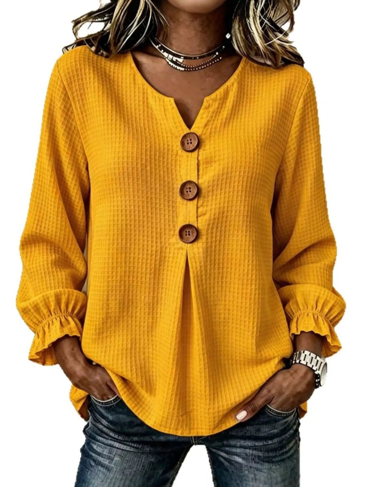 Mustard waffle knit blouse, front view