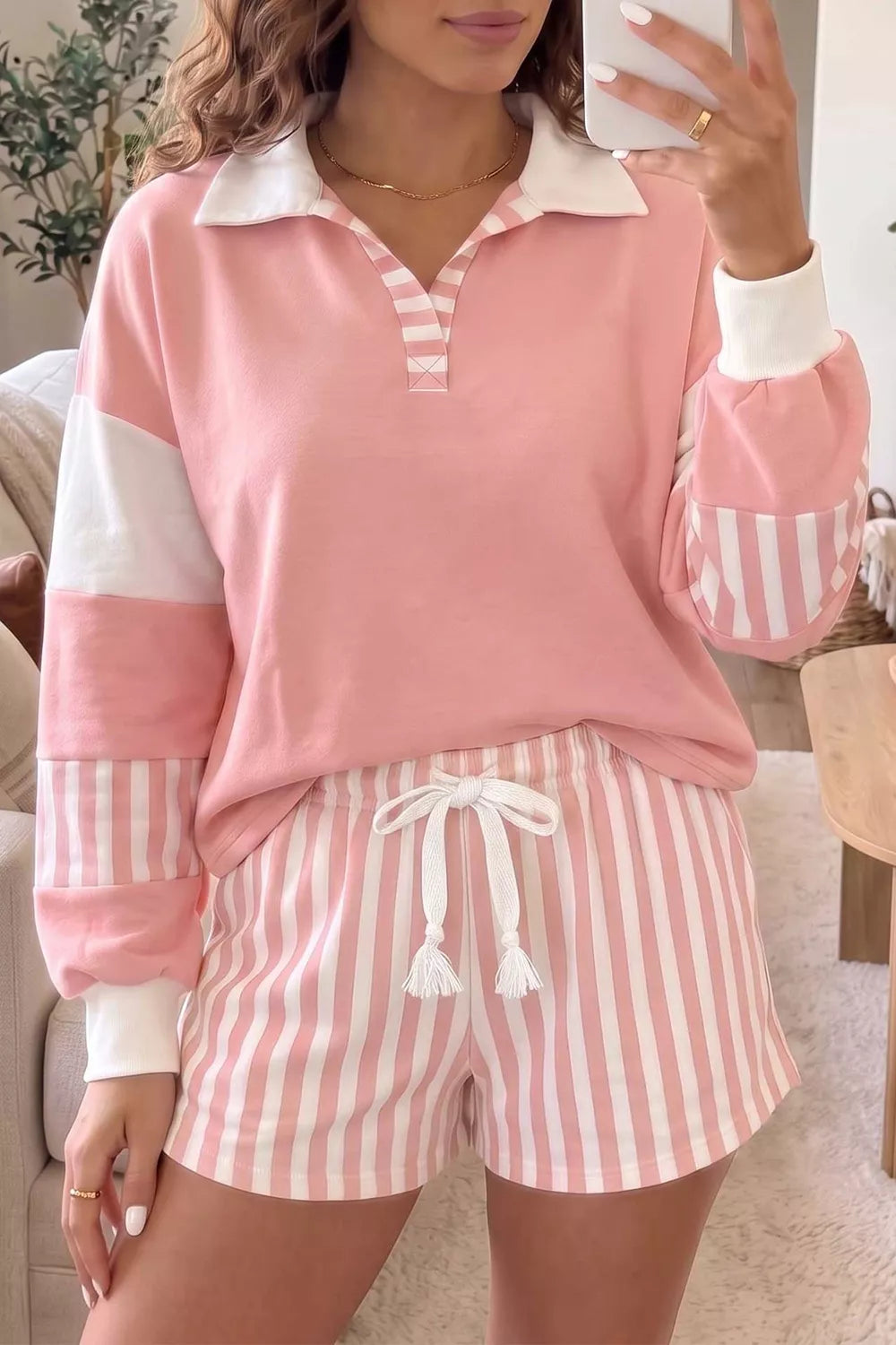 Trendsi Color Block Polo Shirt and Drawstring Striped Shorts Set -