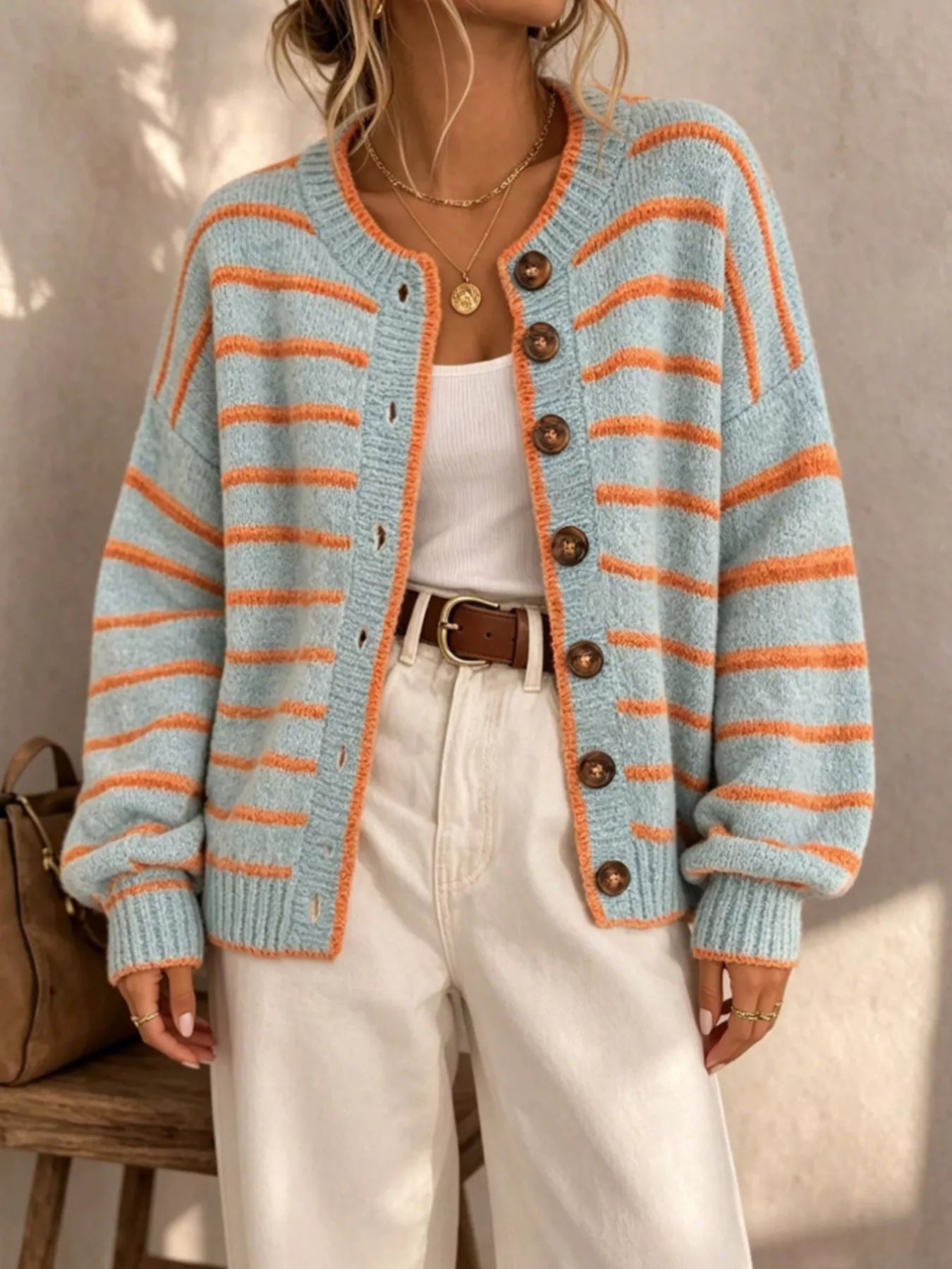 Trendsi Striped Button-Down Knit Cardigan -