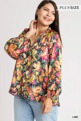 Trendsi Umgee Full Size Satin Paisley Ruffle Neck Button-Up Shirt Plus Size -