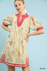 Trendsi Umgee Floral Puff Sleeve Dress with Contrast Trim -