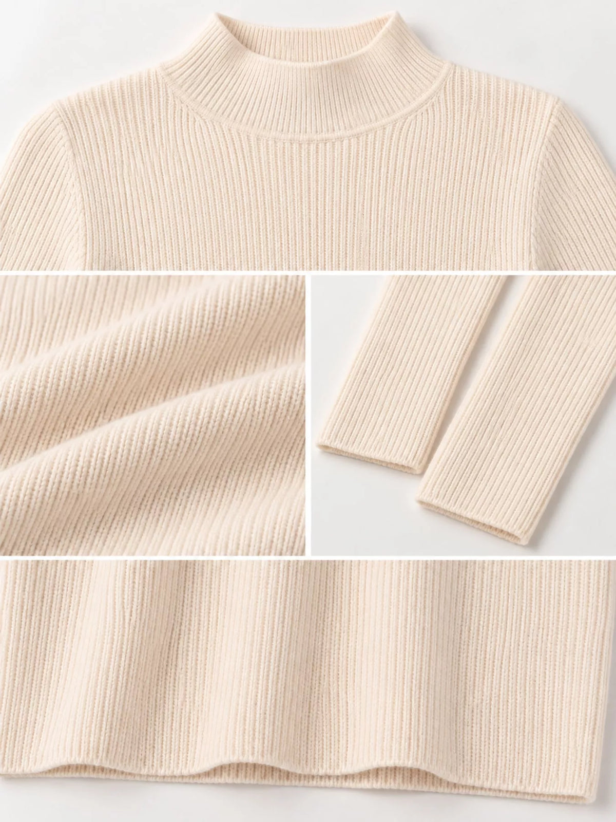 Ivory ribbed mock neck long sleeve knit top, ribbed knit and neckline detail