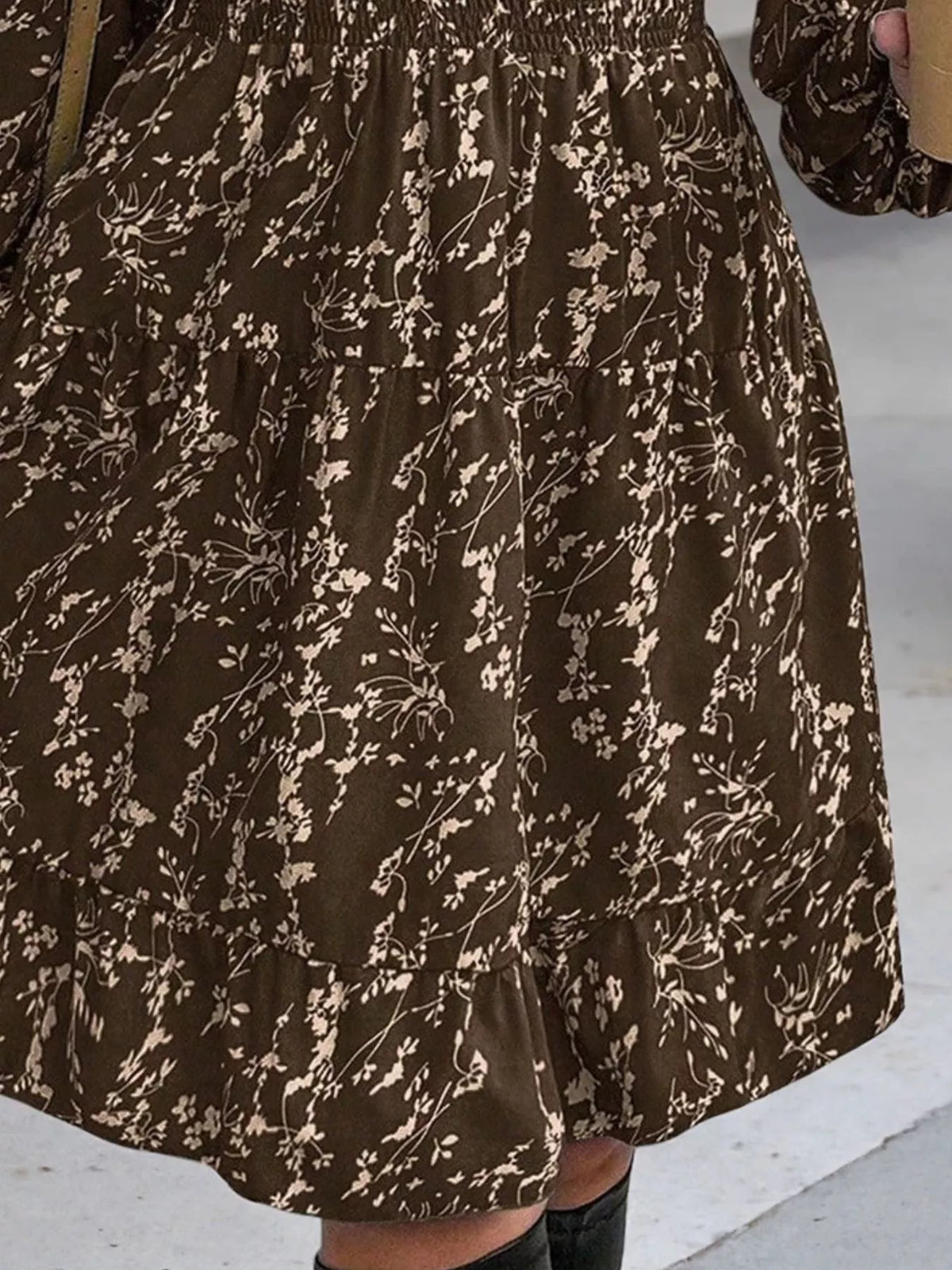 Floral Print Smocked Waist Mini Dress in brown, construction detail