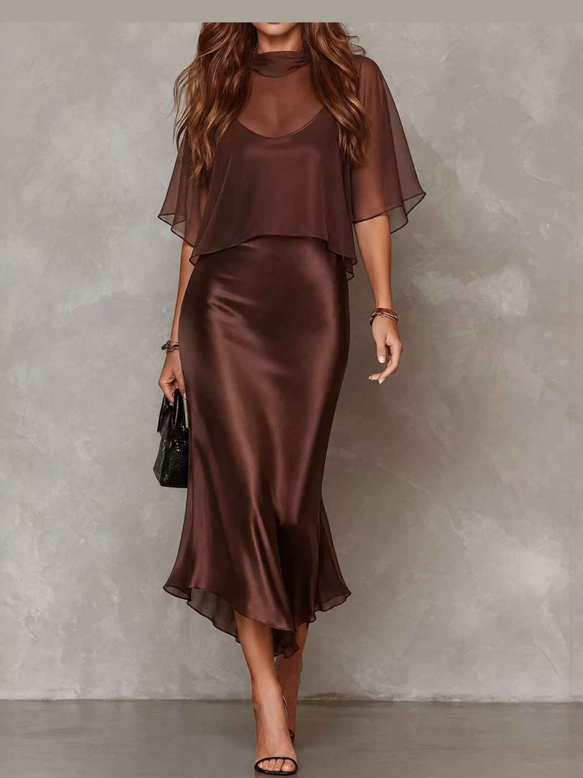 Brown satin cami dress and sheer cover up set — front view