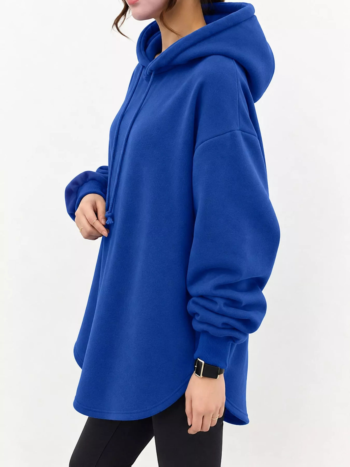 Blue drawstring hoodie, side view