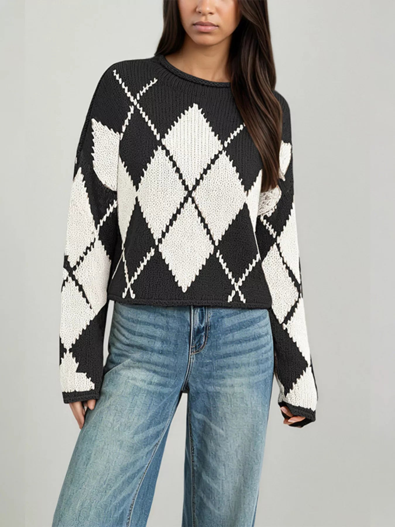 Trendsi Argyle Pattern Knit Dropped Shoulder Sweater -