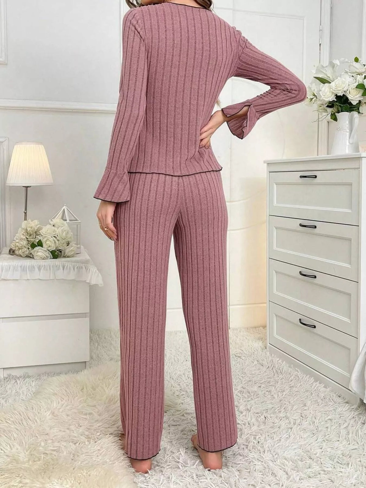 Women's Contrast Bow Detail Top and Pants Lounge Set in Lotus Root Powder, detail view