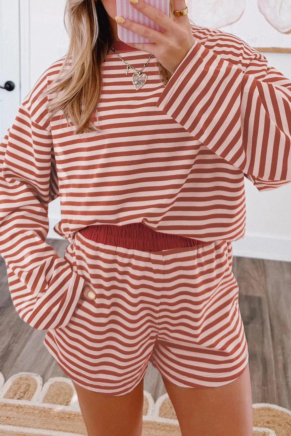 Women's dusty pink striped long sleeve top and shorts matching set