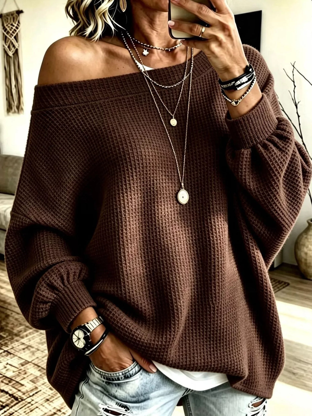Women's Waffle Knit Boat Neck Sweatshirt in brown — front view