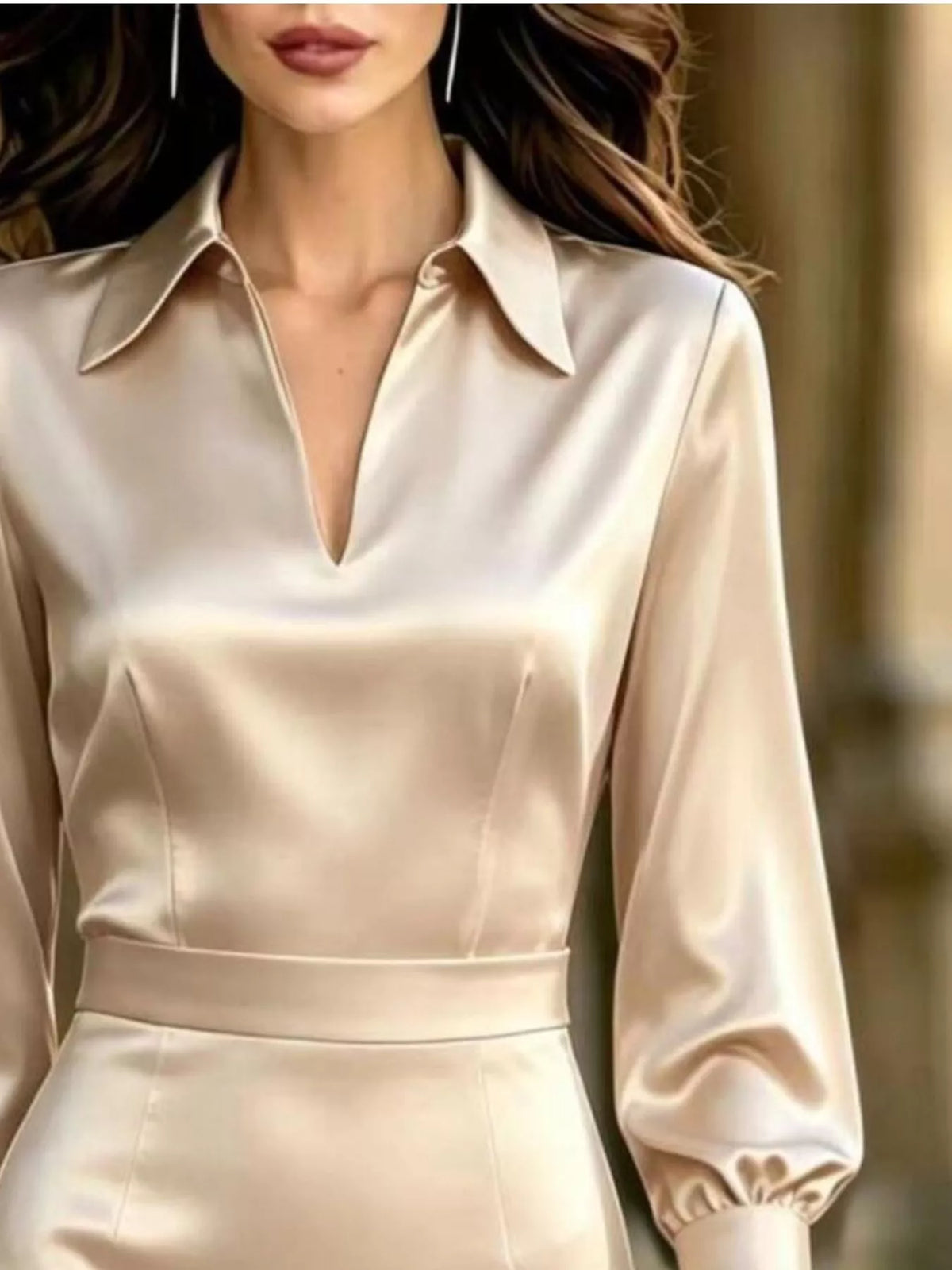 Tan satin lantern sleeve midi dress
