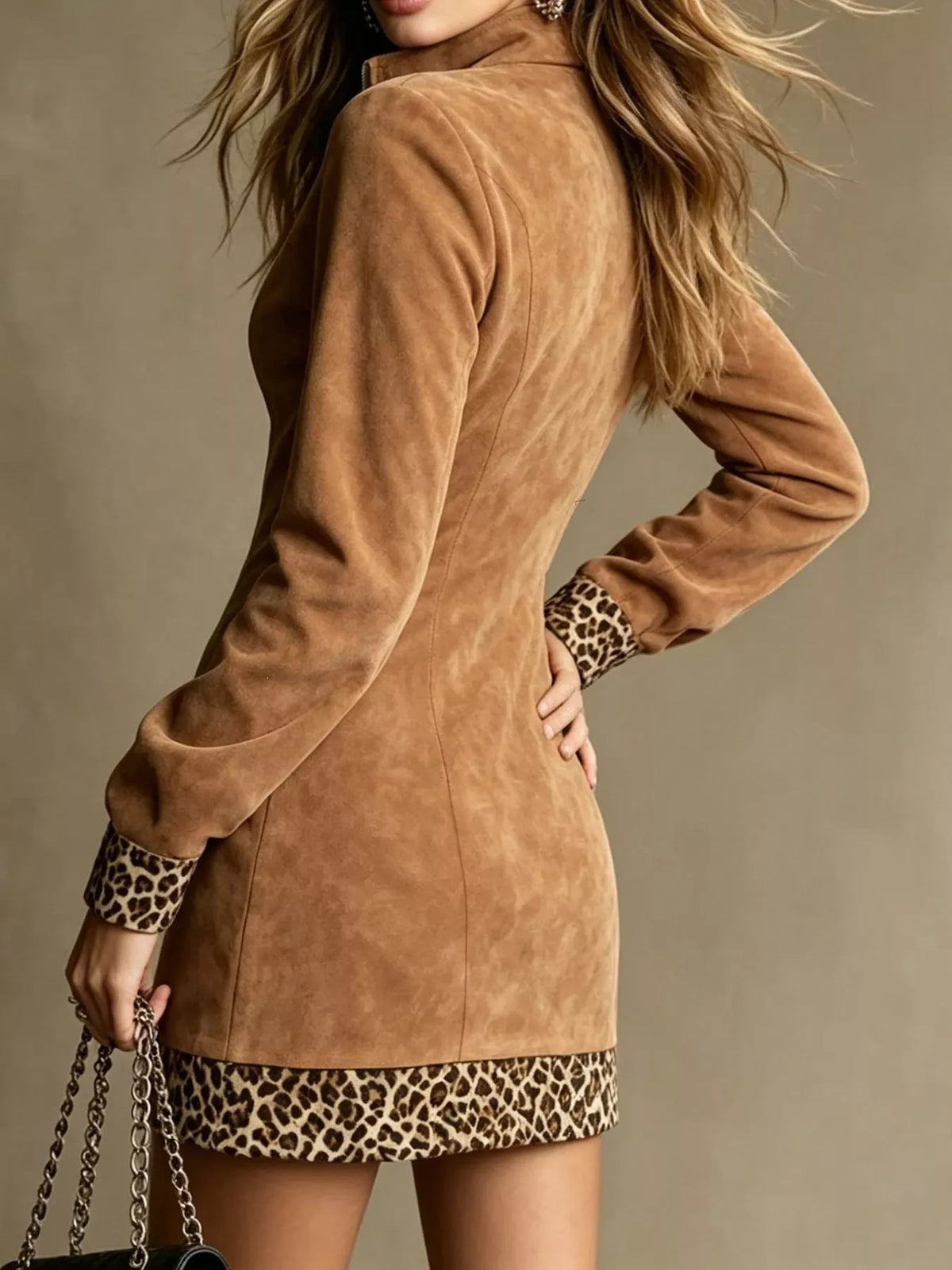 Leopard Trim Half-Zip Mini Dress — back view