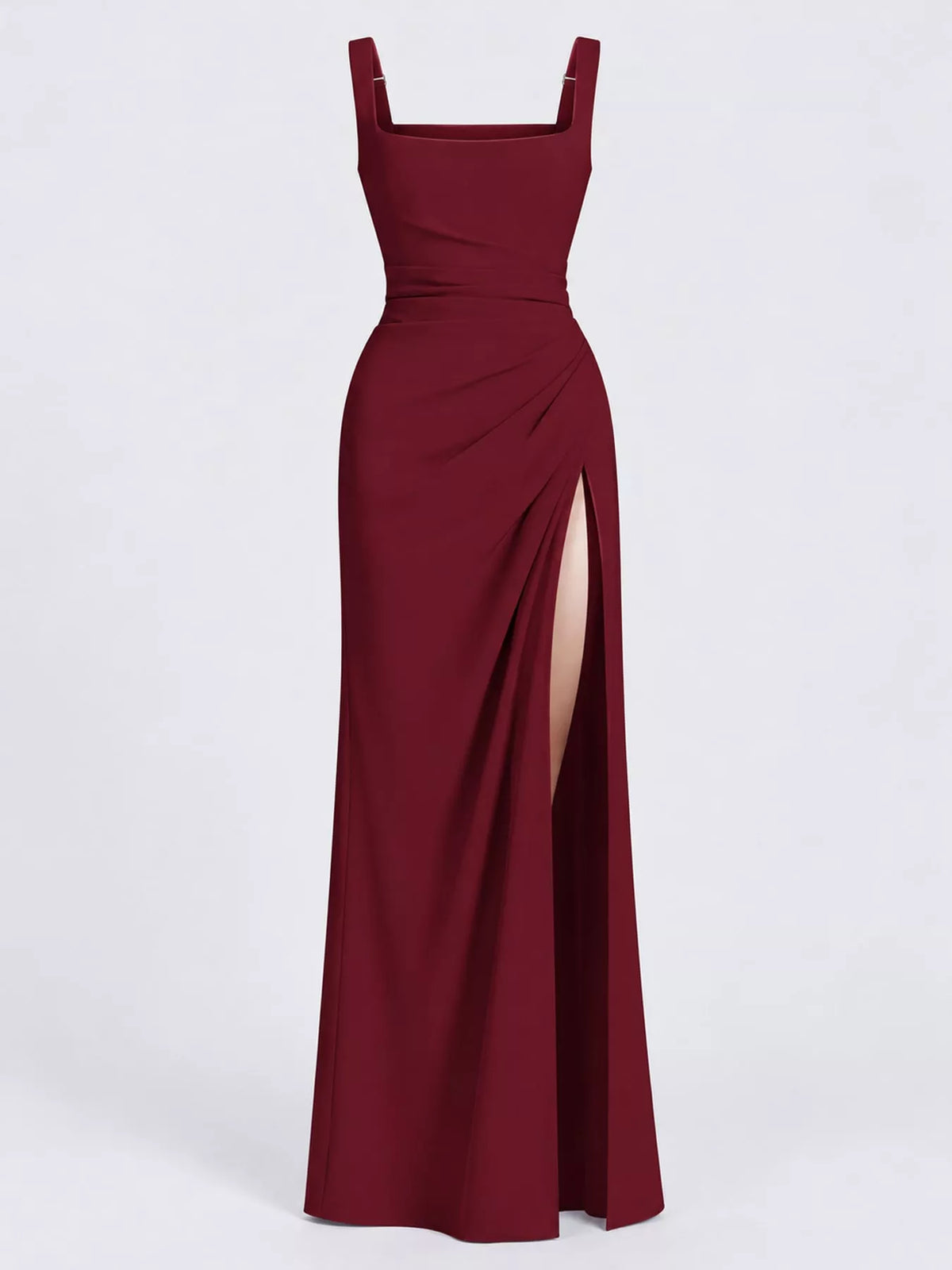 Women's Sleeveless High-Slit Evening Maxi Dress in burgundy — flat lay view