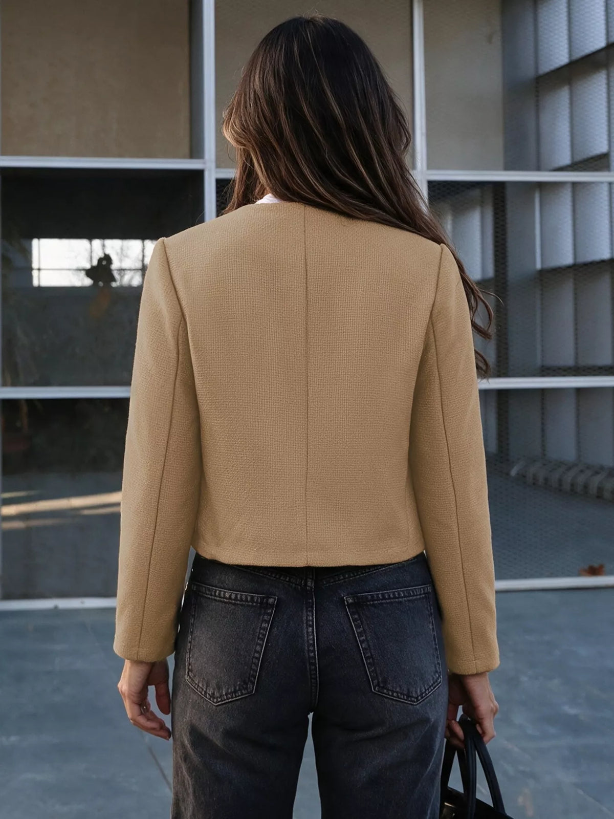 Tan textured cropped jacket with gold-tone buttons, back view