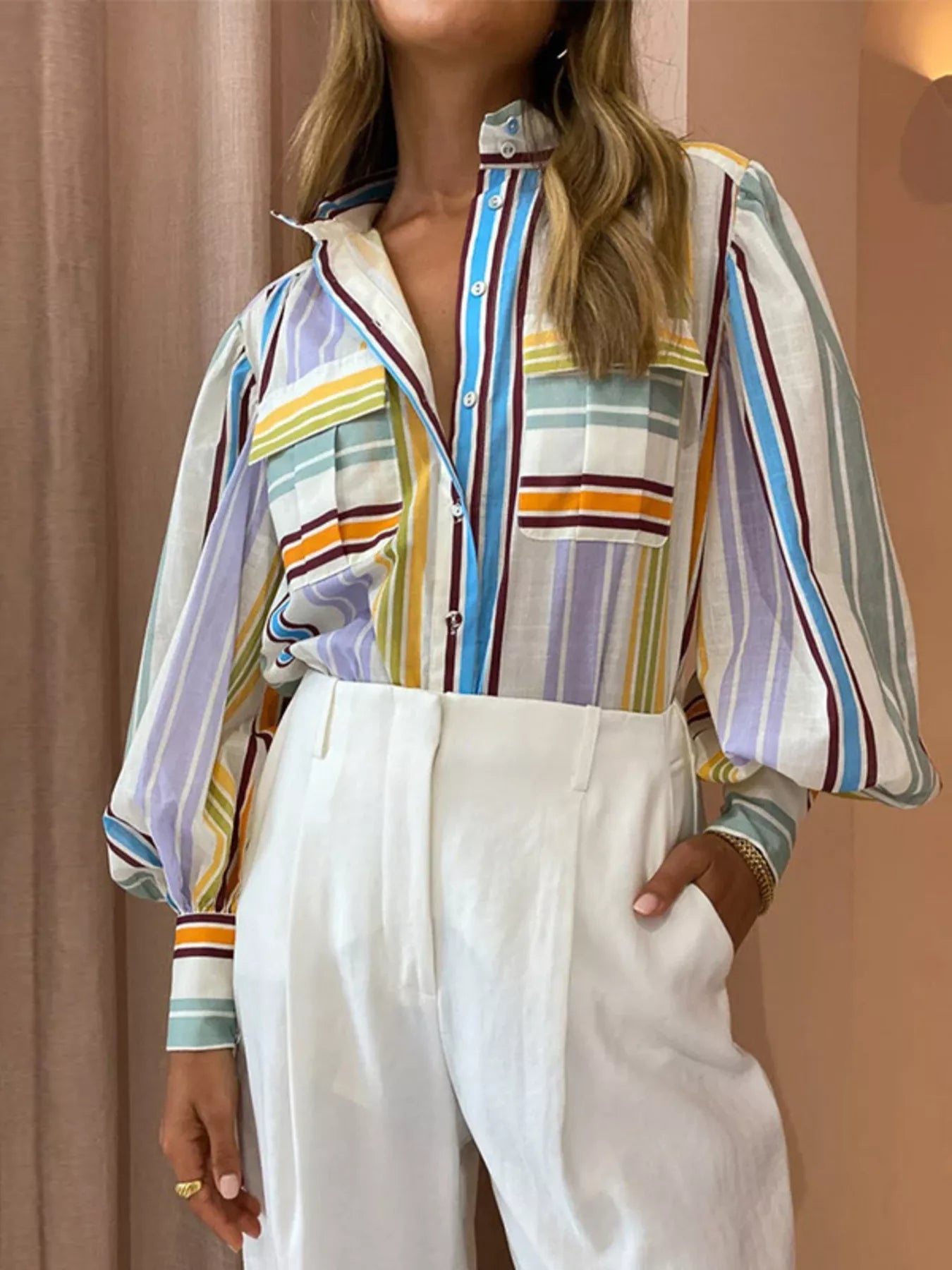 Trendsi Full Size Printed Lantern Sleeve Button Up Shirt Plus Size -