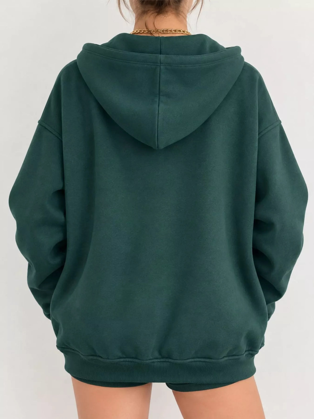 Women's Zip-Up Dropped Shoulder Hoodie in green — back view
