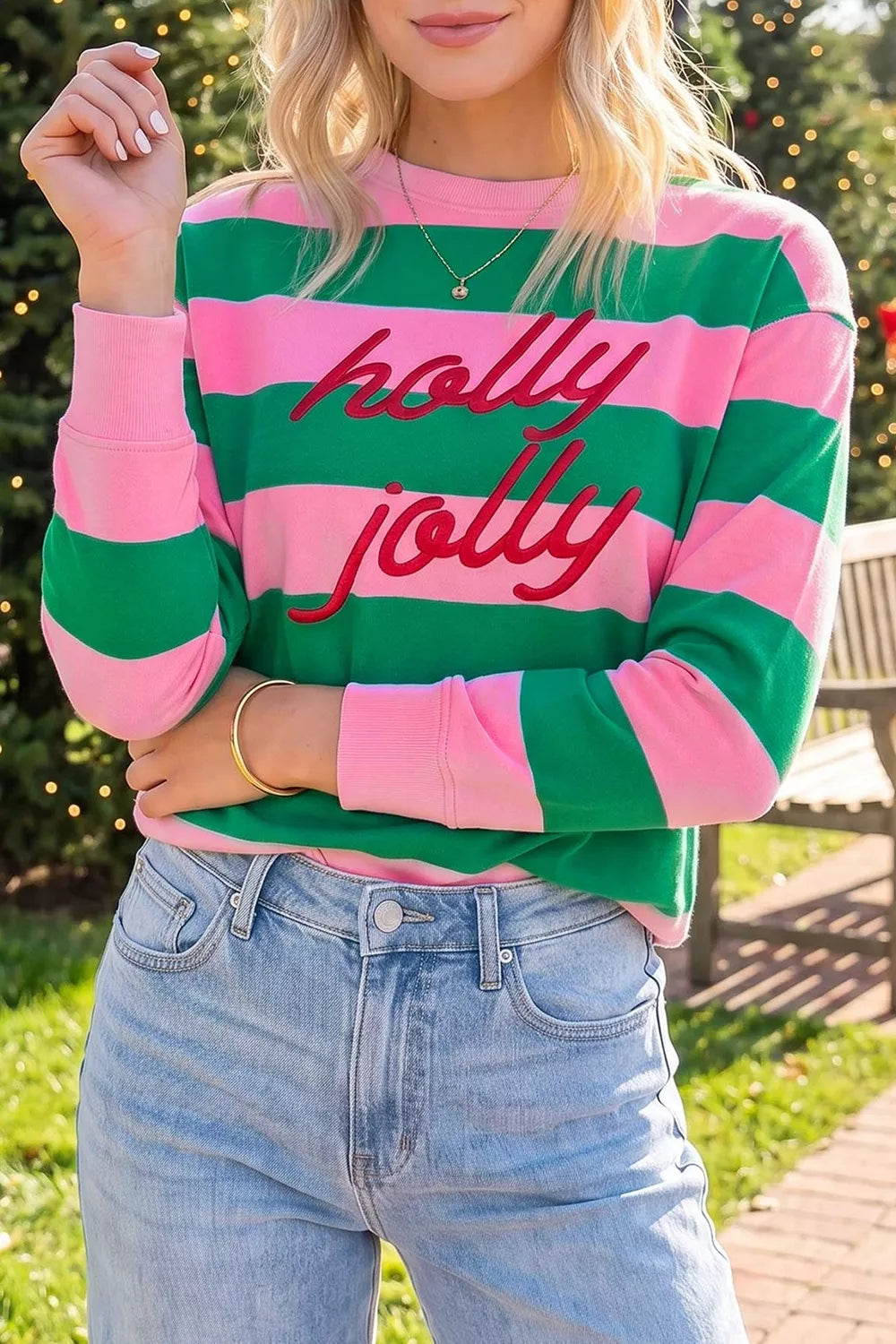 Trendsi Stripe holly jolly Letter Embroidered Pullover Sweatshirt -
