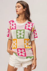 Trendsi BiBi Flower Checker Pattern Lightweight Sweater Top -