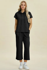 Trendsi Double Take Full Size Texture Drawstring Short Sleeve Hoodie and Pocketed Pants Set -