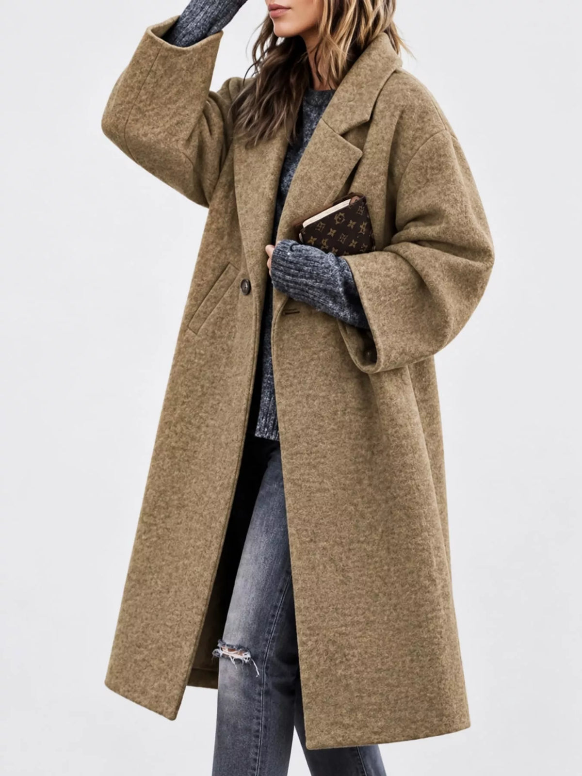 Brown lapel collar one button coat