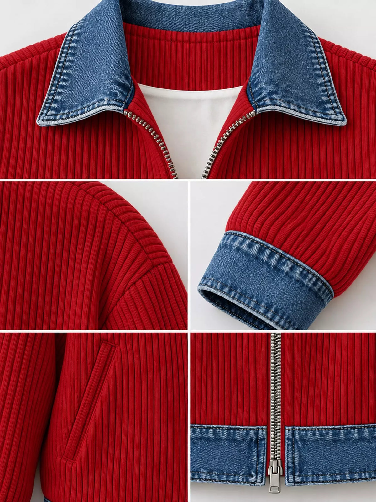 Red denim-collar ribbed knit zip-up jacket — design and construction details
