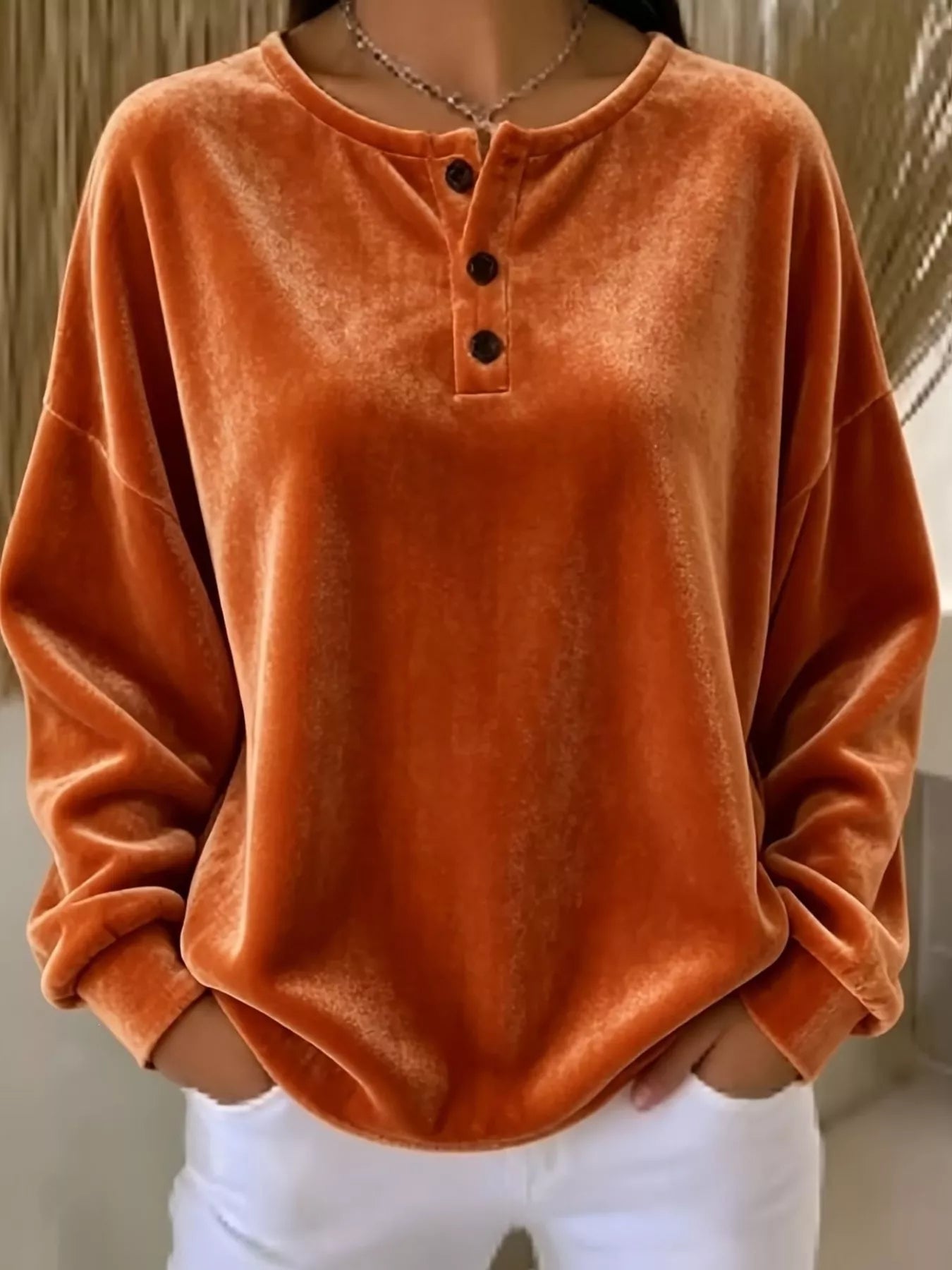 Trendsi Velvet Henley Top with Button Detail - Shirts