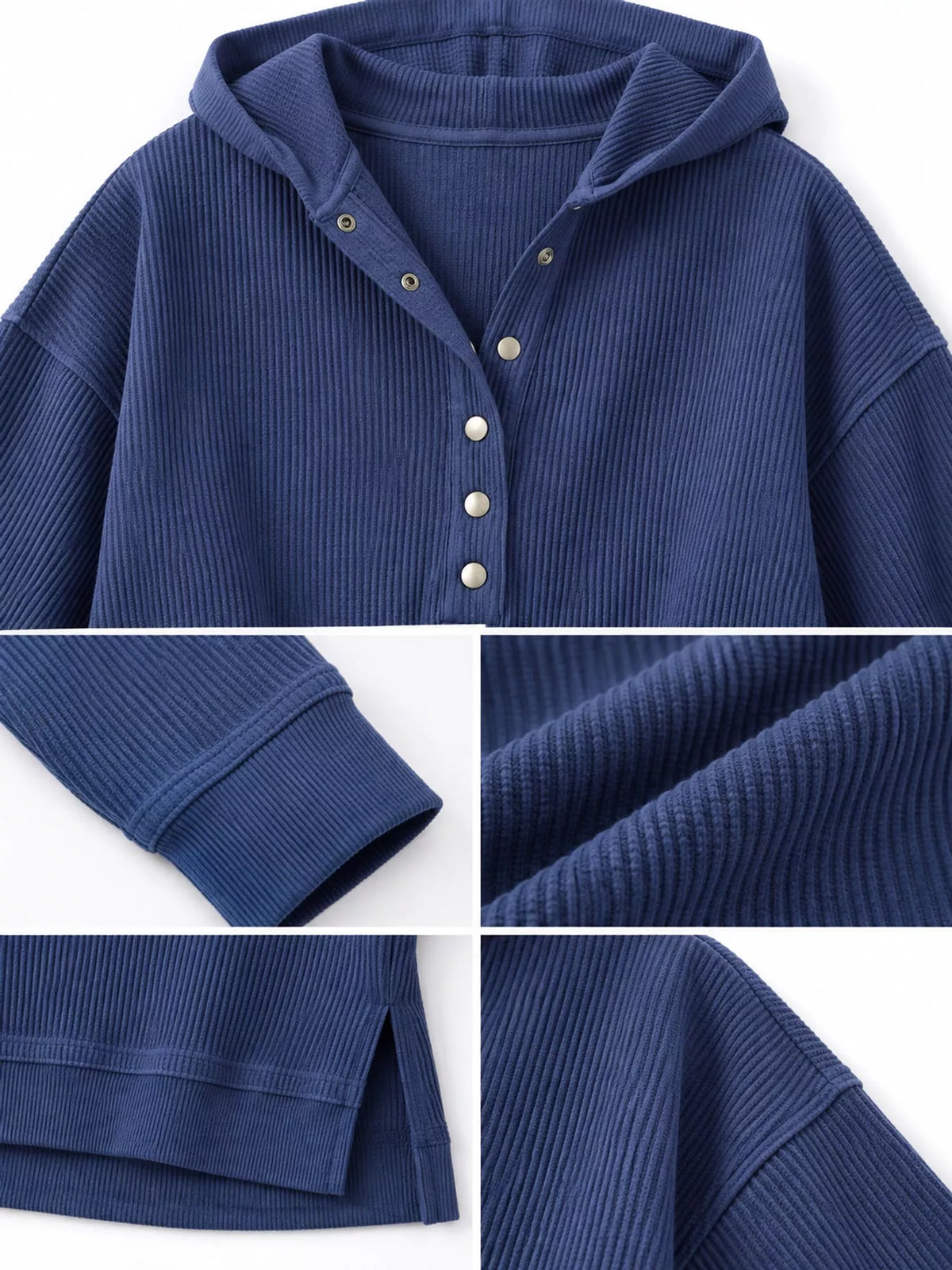 Women's Snap Button Placket Dropped Shoulder Hoodie in blue — detail collage view