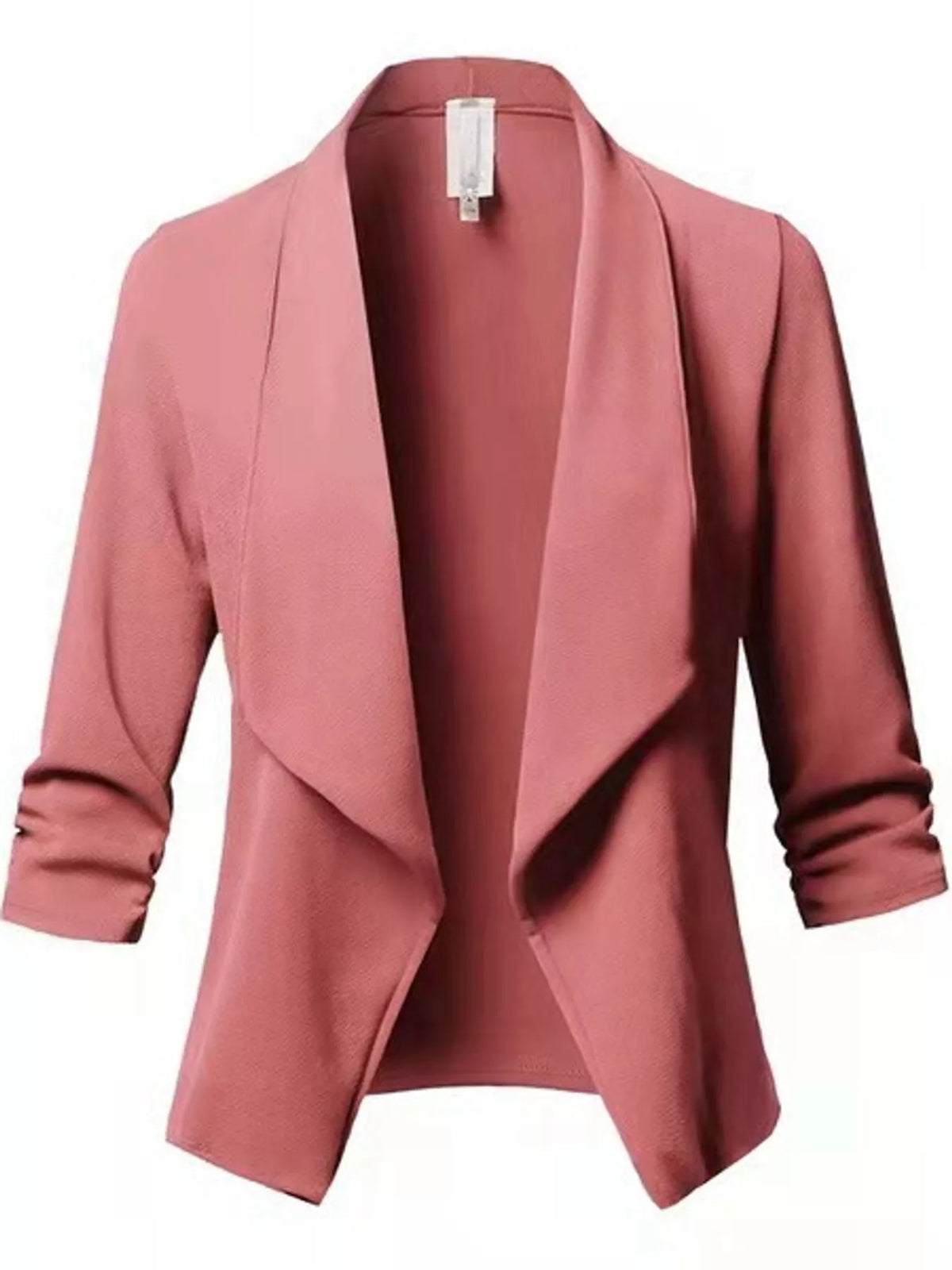 Pink open-front blazer with ruched 3/4 sleeves
