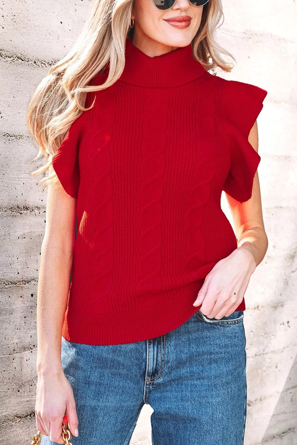 Trendsi Cable Knit Turtleneck Ruffled Short Sleeve Sweater -