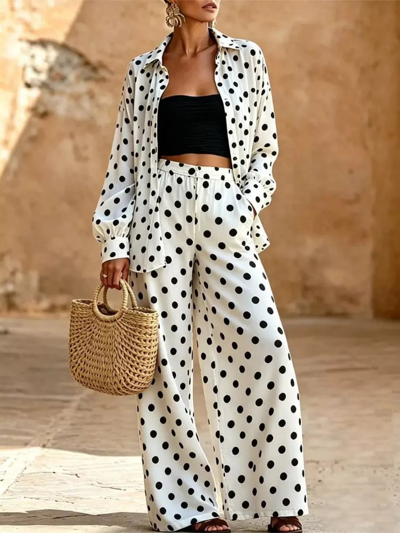 Trendsi Full Size Polka Dot Shirt and Wide-Leg Pants Set Plus Size -