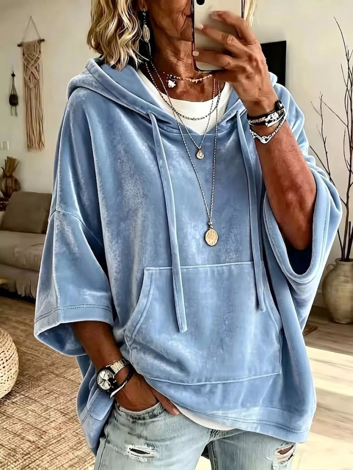 Sky Blue velvet kangaroo pocket drawstring hoodie