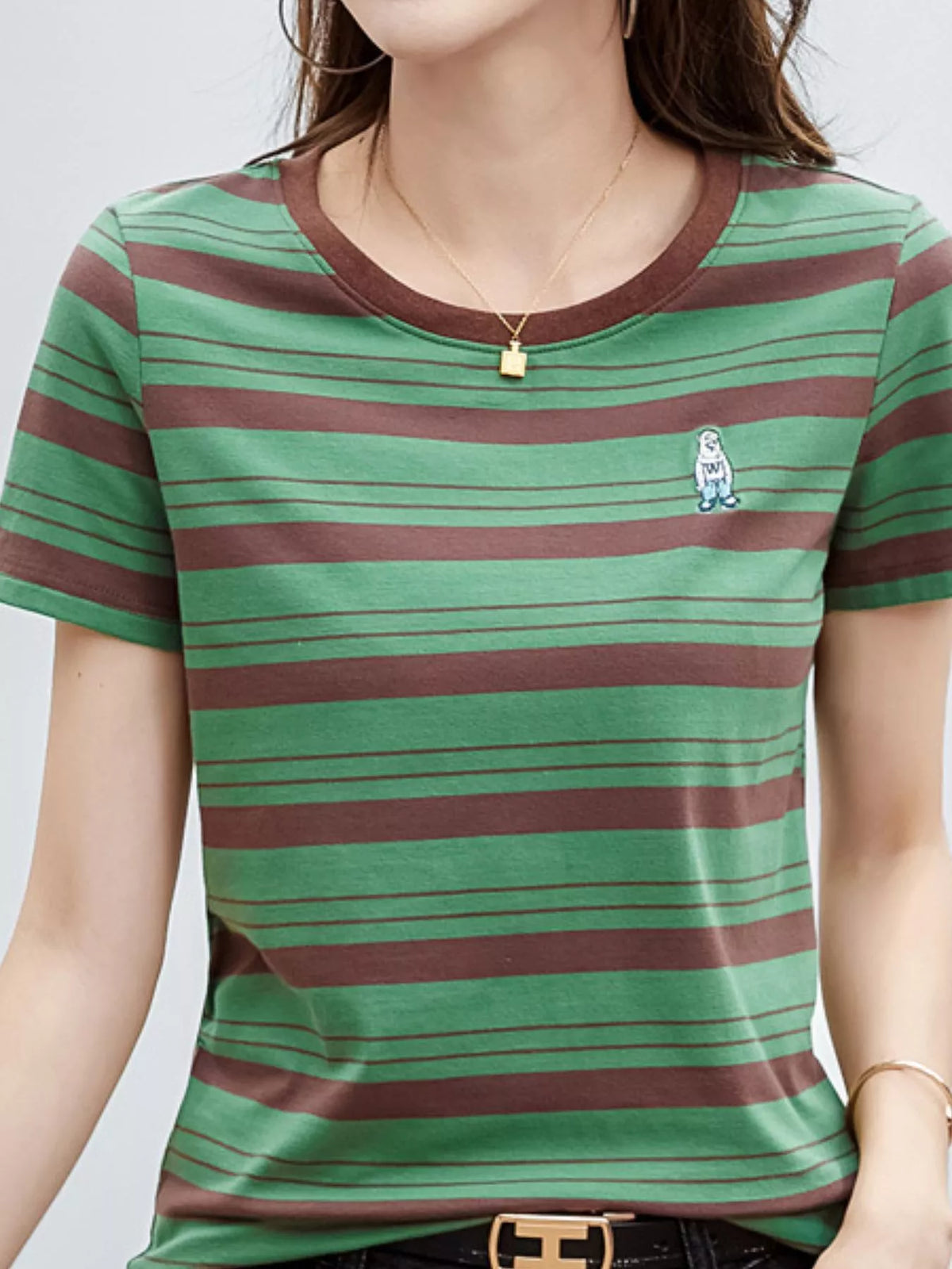 Green - Striped striped crew neck embroidered t-shirt
