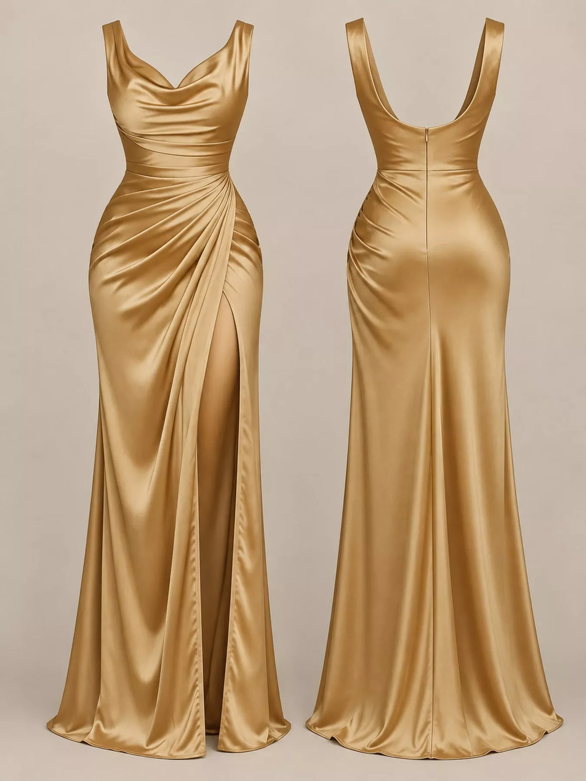 Champagne satin cowl neck high slit maxi dress, front view