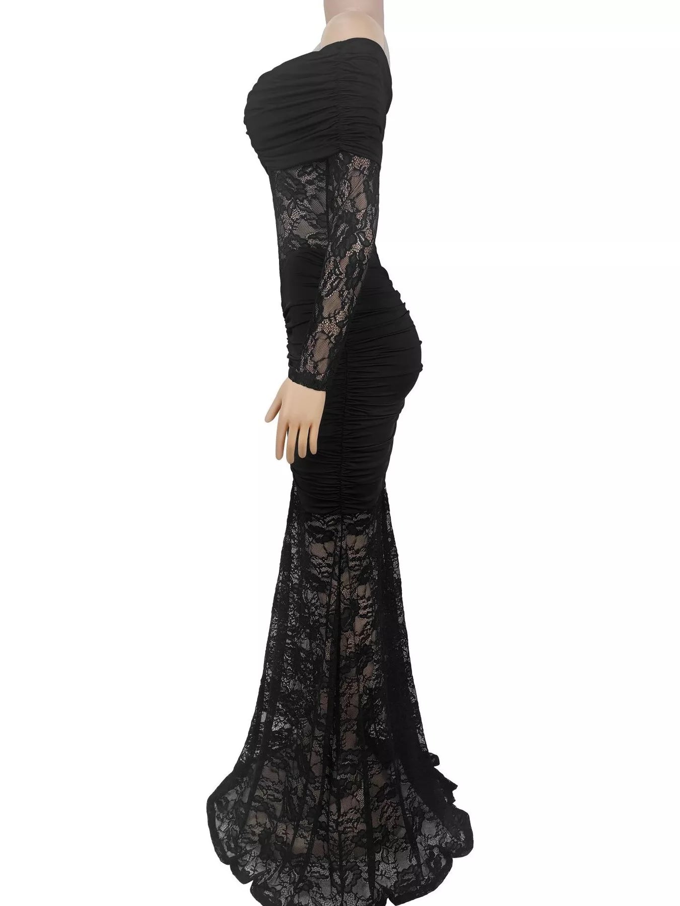 Trendsi Off-Shoulder Ruched Lace Mermaid Maxi Dress -