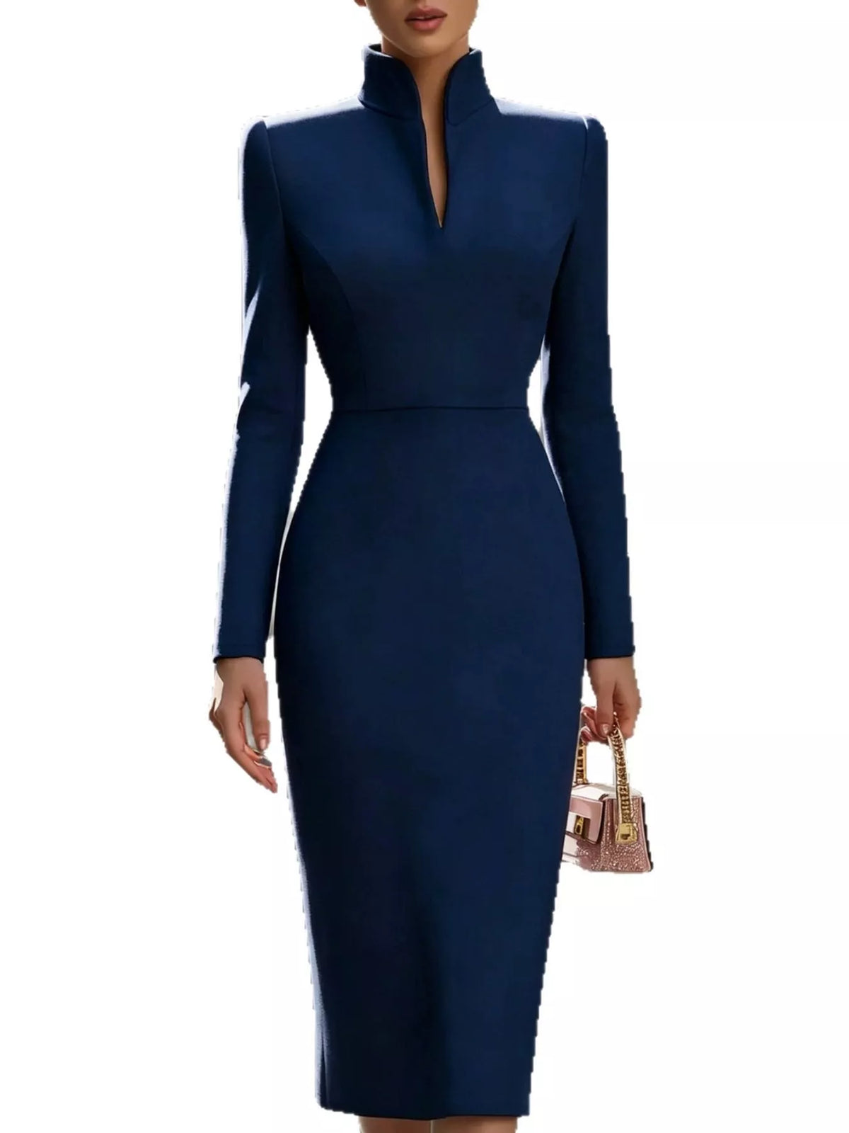 Women's Stand-Collar Long-Sleeve Midi Dress in navy — front view
