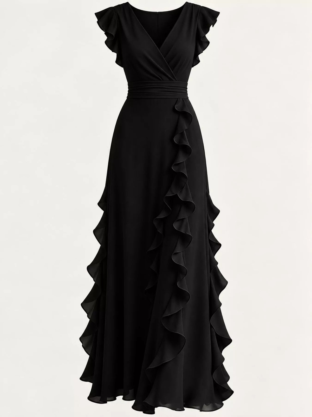 Black ruffled surplice maxi dress, surplice bodice and ruffles