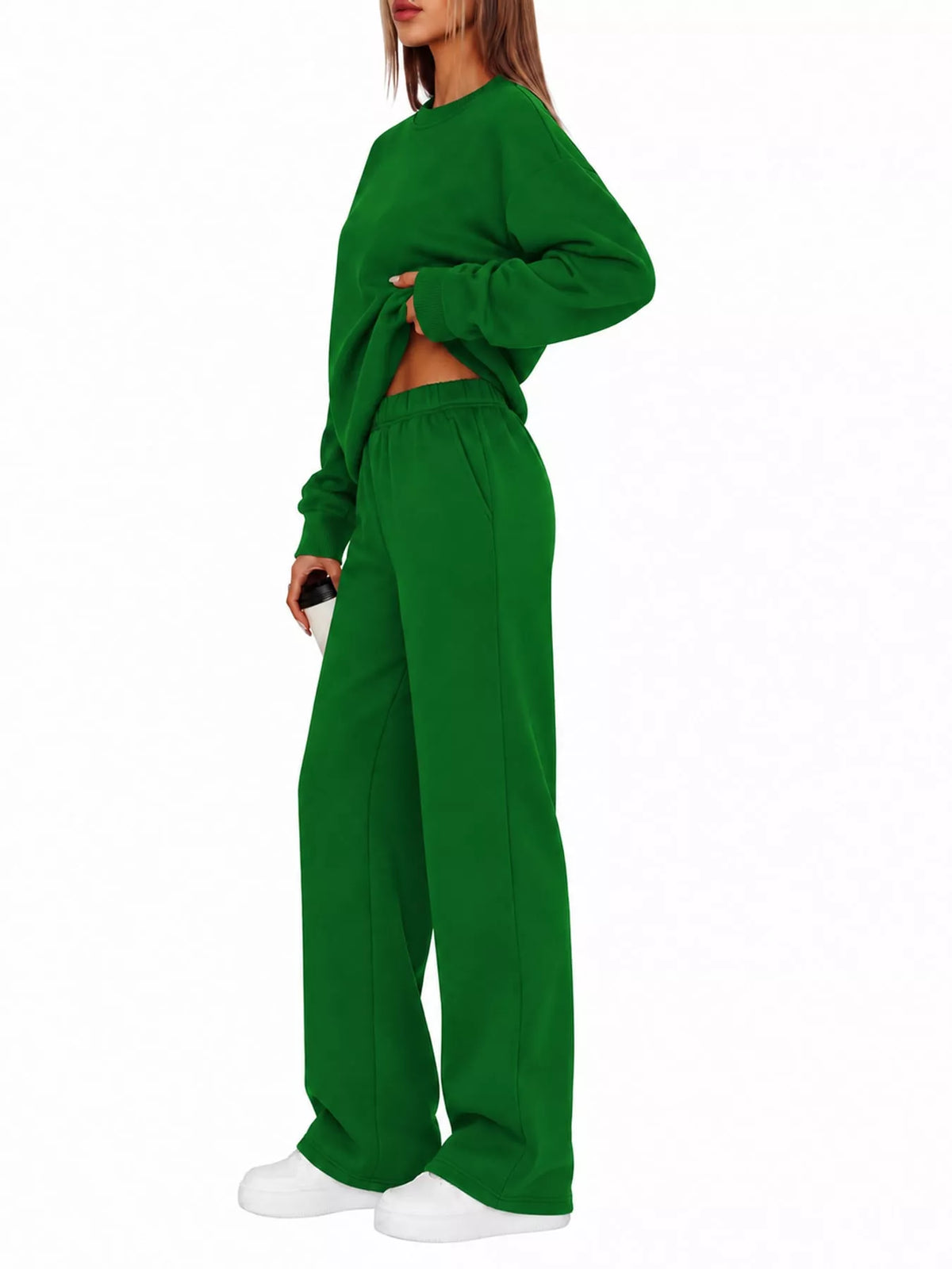 Crewneck Drop Shoulder Sweatshirt and Wide-Leg Pants Set — side view
