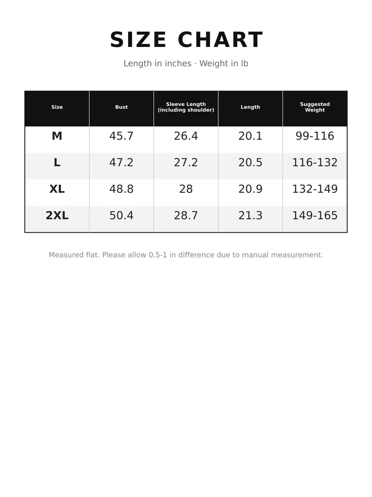 Collared long sleeve jacket, size and measurement chart