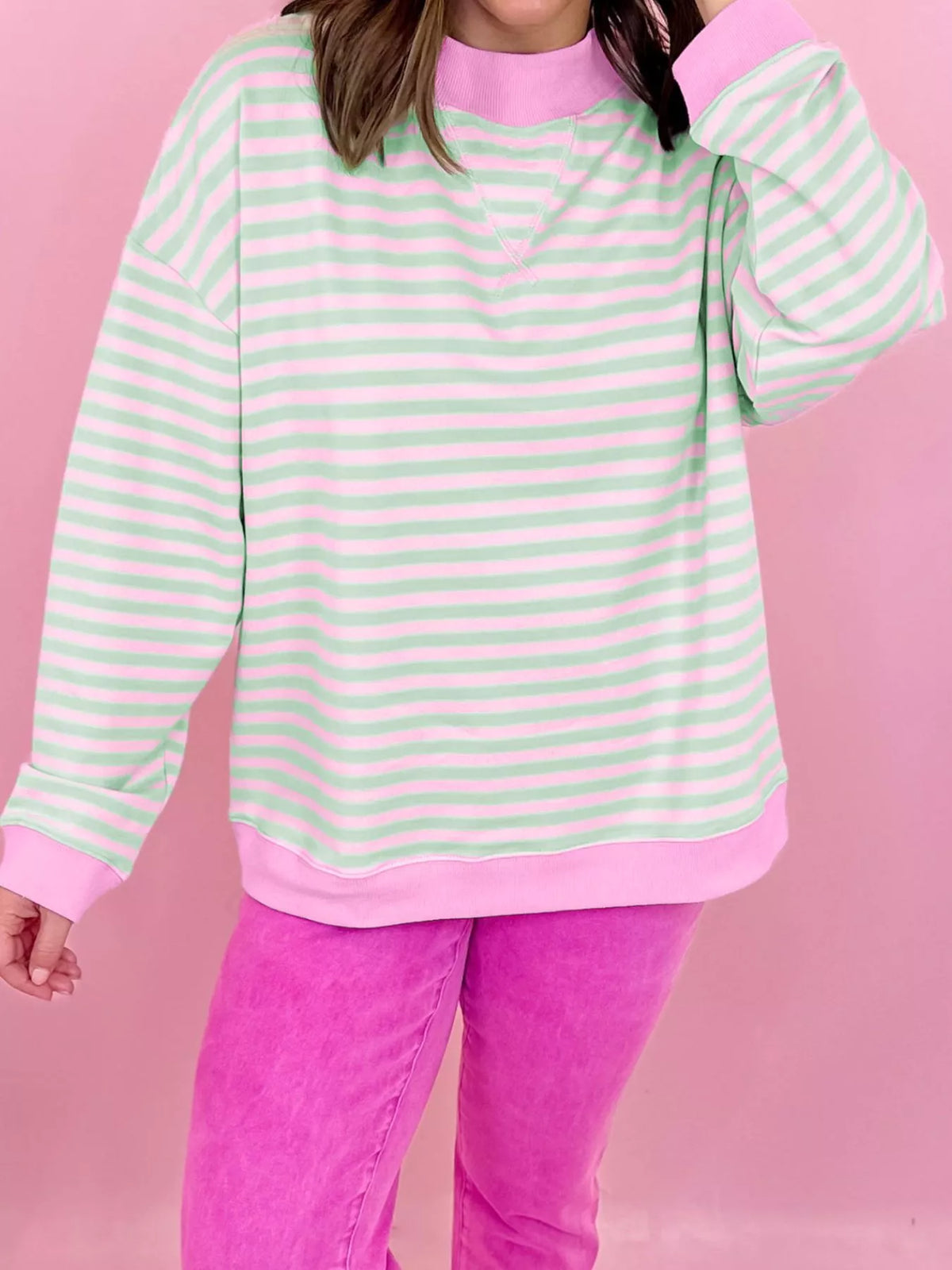 Striped Round Neck Long Sleeve Sweatshirt in pink and green, front view