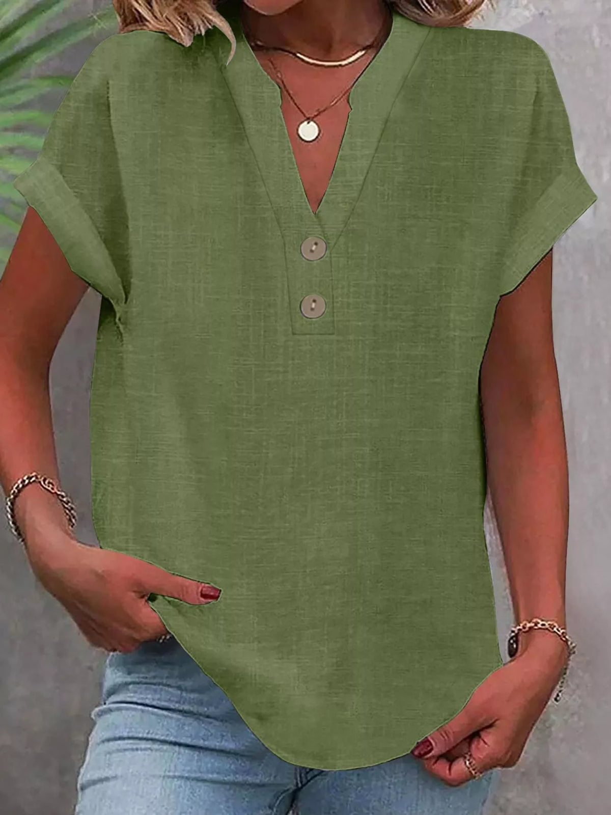 Olive green button detail short sleeve blouse, front view