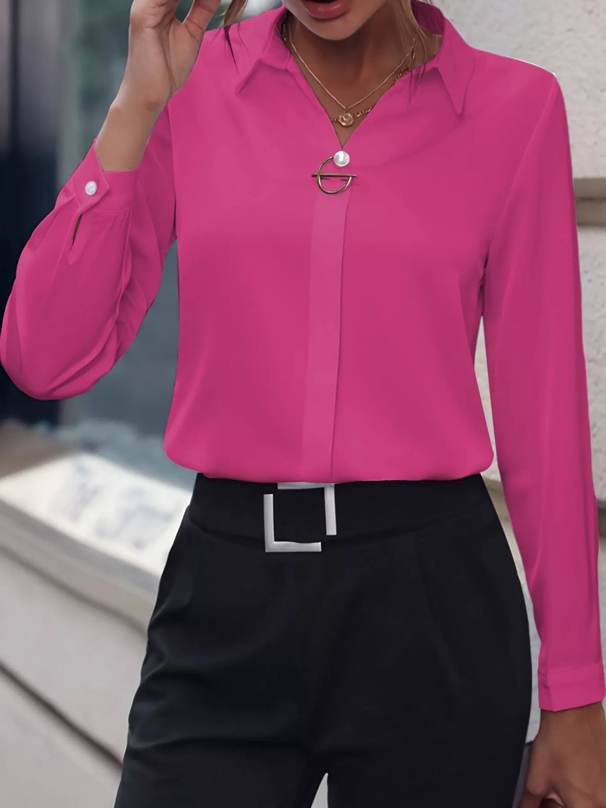 Women's Collared Clasp Detail Long Sleeve Satin Blouse in pink — front view