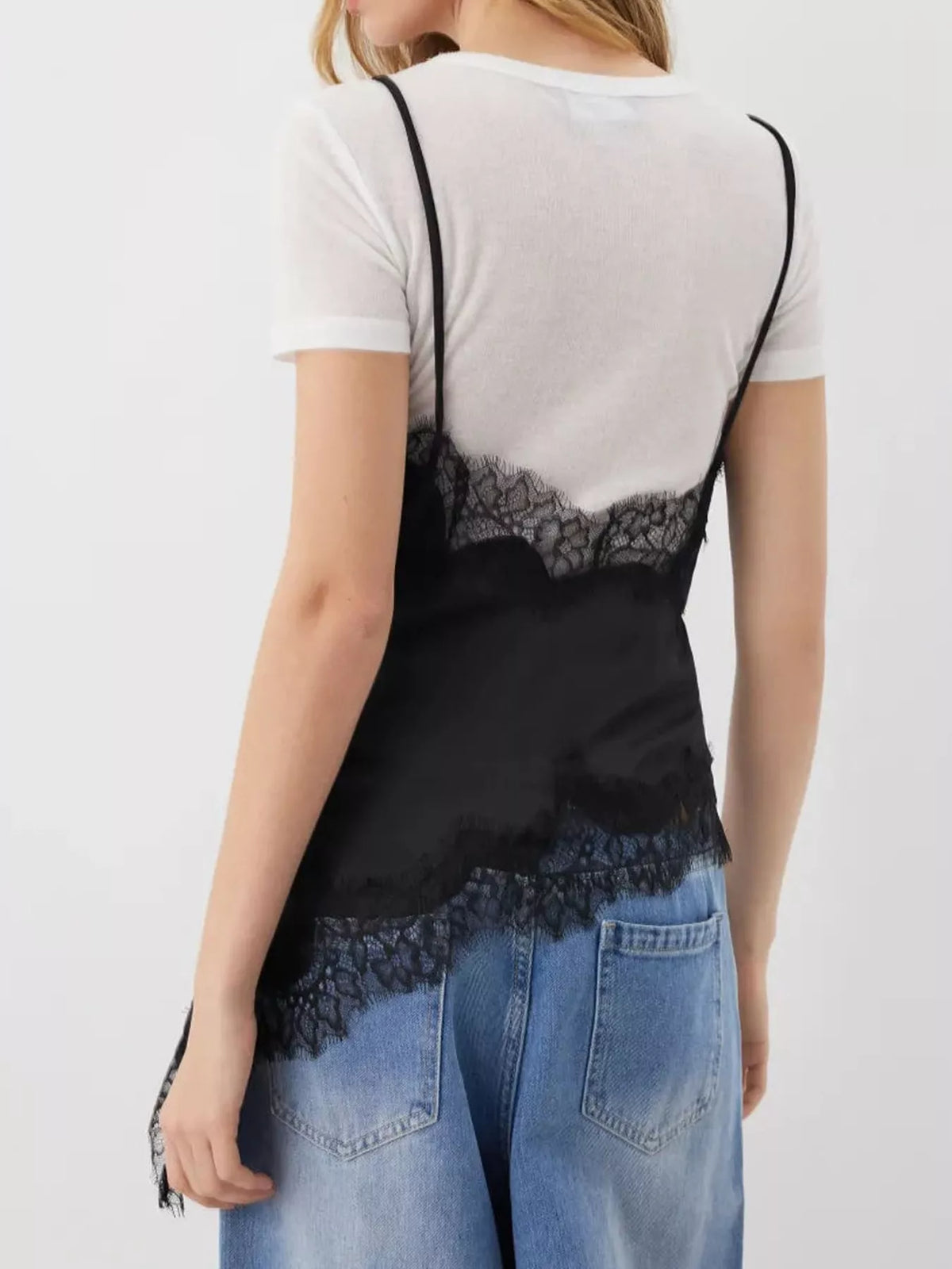 Asymmetric Lace Trim Satin Cami, back view