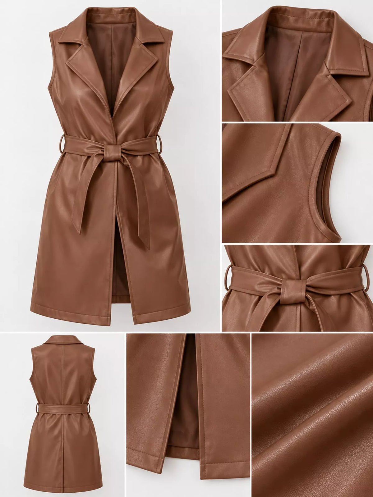 Tie Waist Longline Vest in brown, construction detail