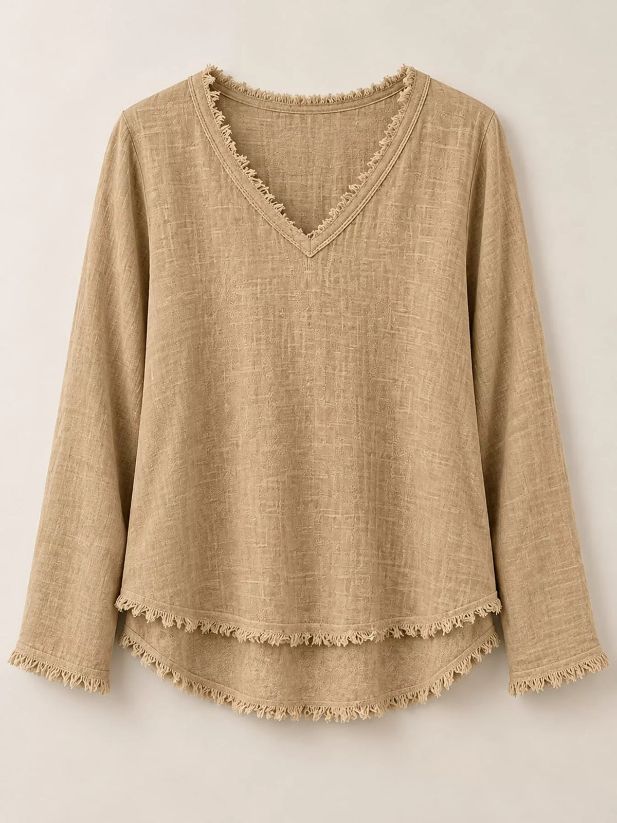 Frayed V-neck blouse, beige flat lay