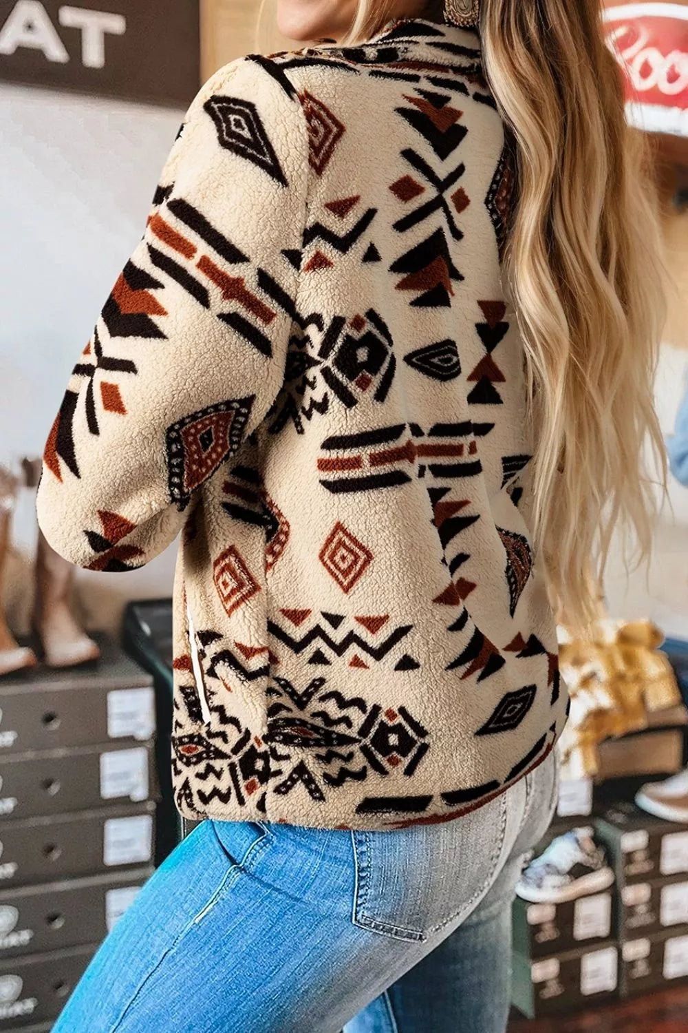 Trendsi Aztec Print Fleece Snap Down Sweatshirt - Shirts